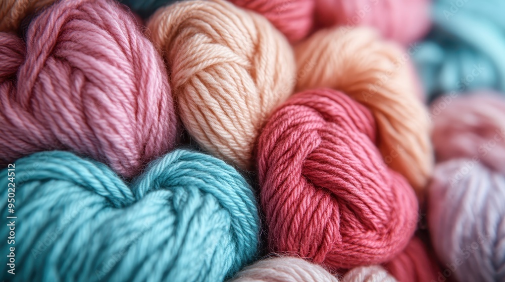 A close-up image displaying several skeins of yarn in various colors including pink, blue, peach, and beige, highlighting the soft textures and vibrant hues of the yarn. A close-up image displaying several skeins of yarn in various colors including pink, blue, peach, and beige, highlighting the soft textures and vibrant hues of the yarn.