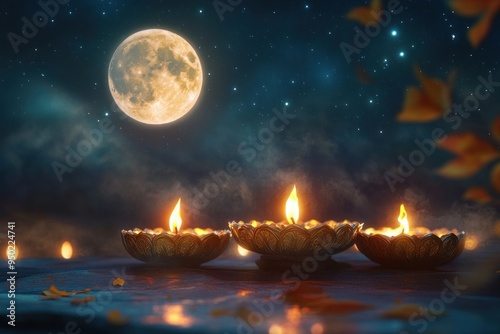 twinkling oil lamps with full moon night background