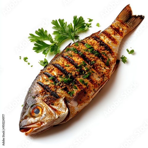 A freshly grilled fish garnished with herbs, perfect for culinary presentations and food photography. photo