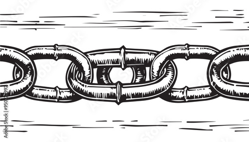 Hand-Drawn Linked Chain Illustration in Vintage Engraved Style with Black and White Detailing