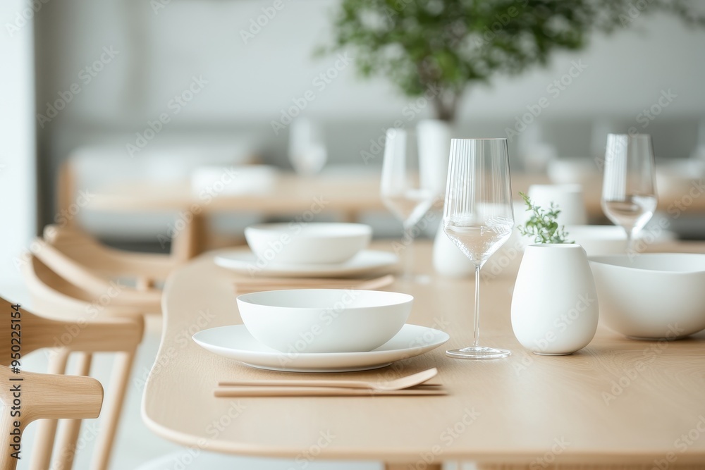 Minimalist Elegance in Neutral: Close-up of Sleek Wood Grain Dining Table with Contemporary Place Settings Minimalist Elegance in Neutral: Close-up of Sleek Wood Grain Dining Table with Contemporary Place Settings