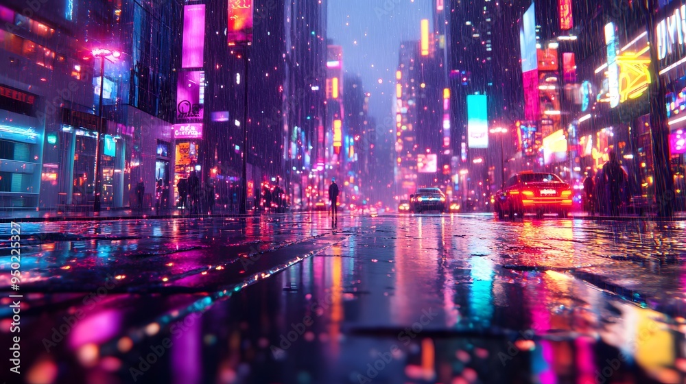 A 3D-rendered cityscape with neon accents and wet streets reflecting colorful lights A 3D-rendered cityscape with neon accents and wet streets reflecting colorful lights
