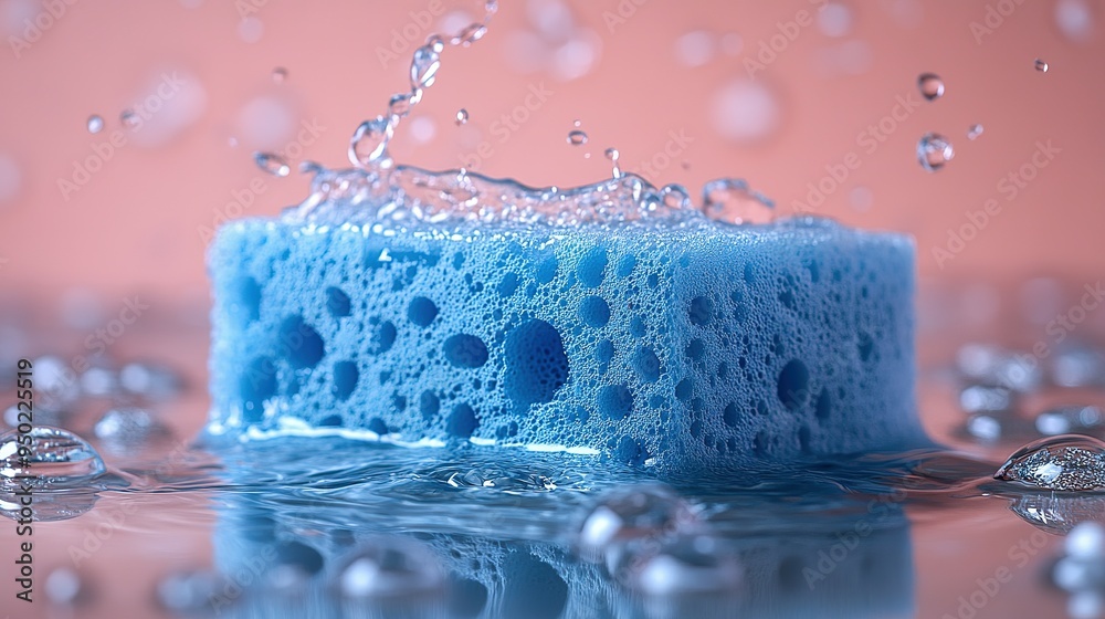 Blue Sponge Submerged in Water with Water Droplets Blue Sponge Submerged in Water with Water Droplets