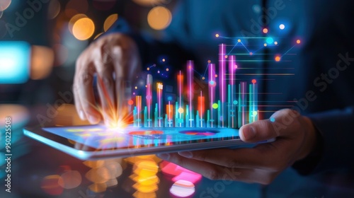 Businessman using tablet analyzing sales data and financial report, business growth graph chart.