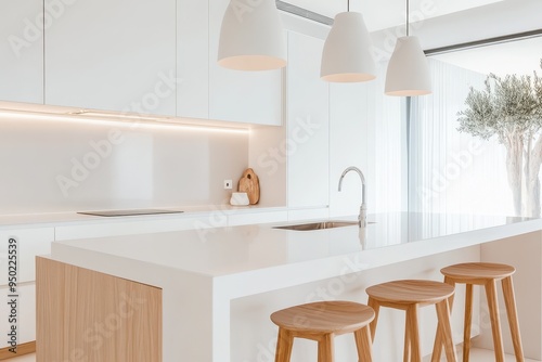 Modern Minimalist Neutral Kitchen Island with Sleek Bar Stools and Clean Lines for Functional Simplicity