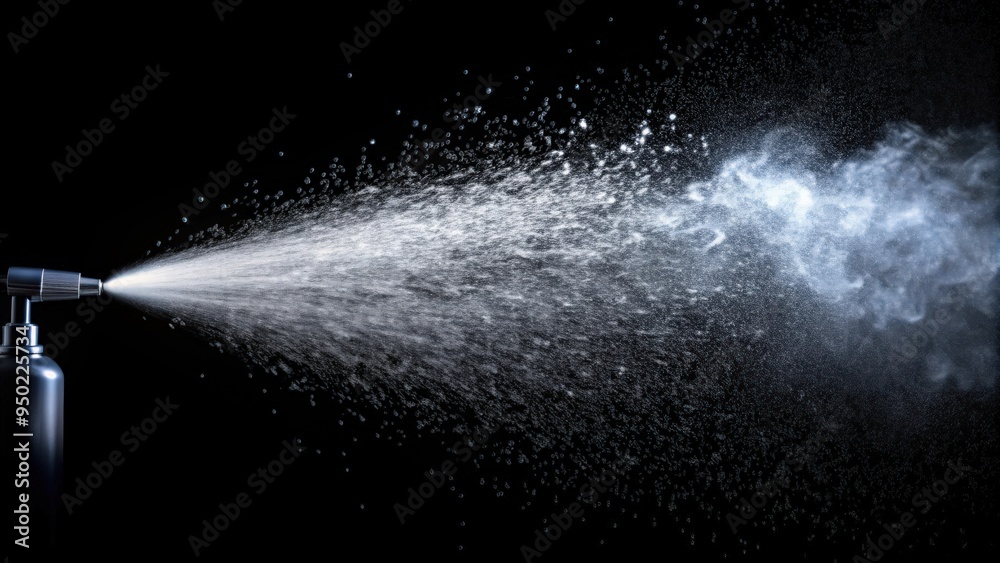 Realistic aerosol sprayer jet creating splash of water particles on black background , spray mist, atomizer, water droplets, mist Realistic aerosol sprayer jet creating splash of water particles on black background , spray mist, atomizer, water droplets, mist