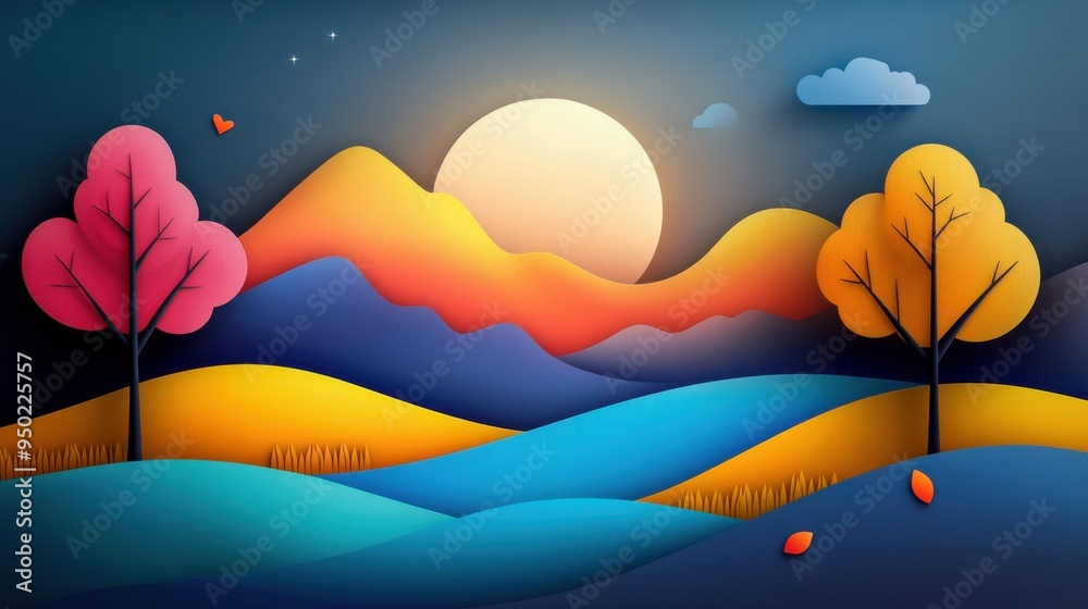Serene Sunset Landscape with Winding Road, Mountain Hills, and Autumn Trees Under a Peaceful Sky Serene Sunset Landscape with Winding Road, Mountain Hills, and Autumn Trees Under a Peaceful Sky