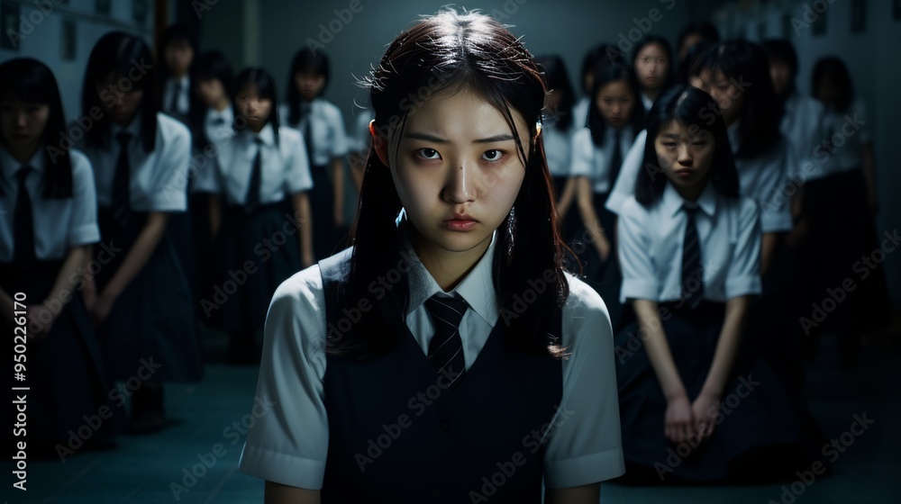 Obraz premium South Korean girl bullied, sad, sits alone in classroom