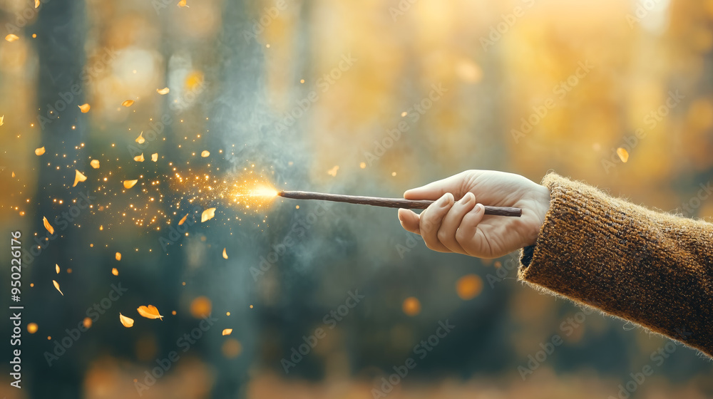 Person casting magic sparkles with a wand in autumn forest Person casting magic sparkles with a wand in autumn forest