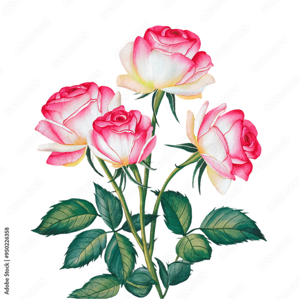 Obraz premium Watercolor Illustration Of A Group Of Beautiful Roses On Transparent Background