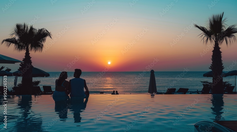 Fototapeta premium Couple on the beach at sunset, honeymoon travel, man and woman sitting near swimming pool.