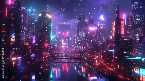 A detailed 3D night scene in a cyberpunk city with neon lights and reflective surfaces