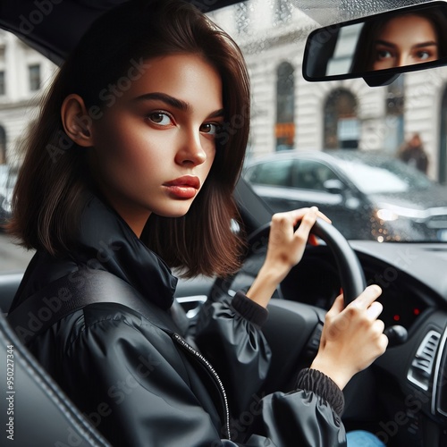 Young woman with a serious expression wearing a black jacket adj photo