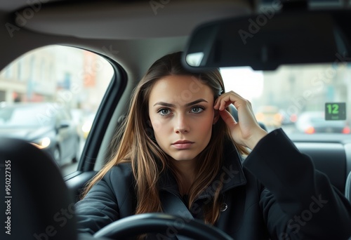 Young woman with a serious expression wearing a black jacket adj photo