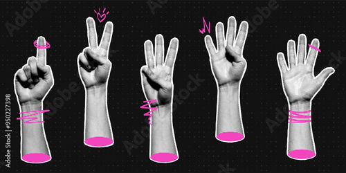 Halftone hands collection. Fingers pointing the numbers. Halftone hands show the counting from one to five. Stylish halftone collage design elements. Hand gestures in pop art style. Vector