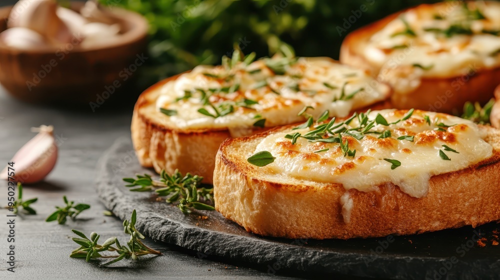 A delicious serving of grilled cheese toast topped with perfectly melted mozzarella cheese and sprinkled with fresh herbs, served on a slate plate. A delicious serving of grilled cheese toast topped with perfectly melted mozzarella cheese and sprinkled with fresh herbs, served on a slate plate.