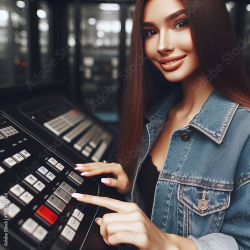 Young woman with long straight hair wearing a denim jacket pushi photo