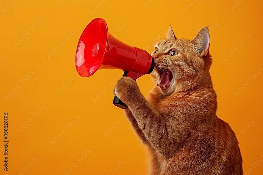 Fototapeta premium Cat holding a megaphone in its paws and shouting into it, set against a solid background. The scene humorously suggests an announcement of discounts and promotions at a pet store.