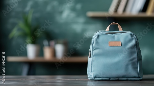 A pastel blue lunch bag placed on a table, with a blurred background of a study or work area, symbolizing everyday convenience and ready-to-go meals. photo