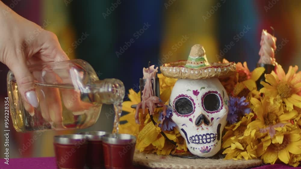 Hand pouring tequila near decorative skull
