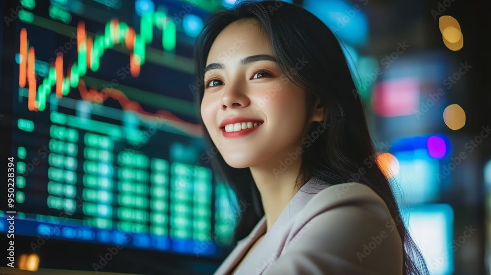 asian woman trader analyzes stock growth chart asian woman trader analyzes stock growth chart