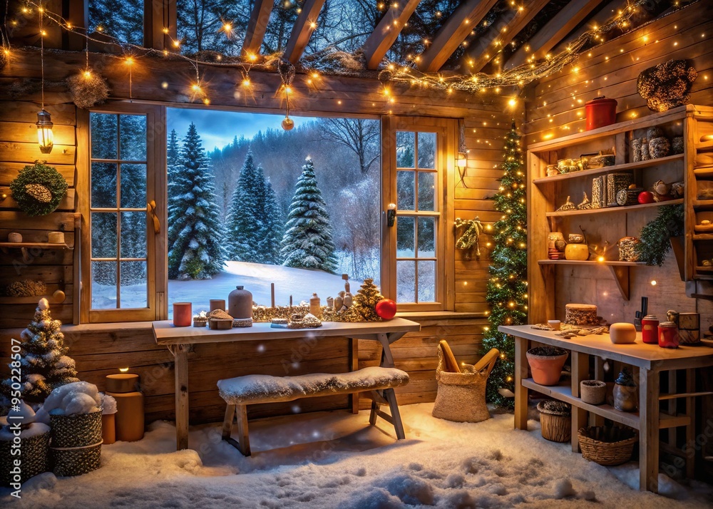 Fototapeta premium Cozy, snow-covered cabin interior with twinkling string lights, wooden workbenches, and overflowing toy-filled shelves, evoking a sense of festive magic and holiday wonder.