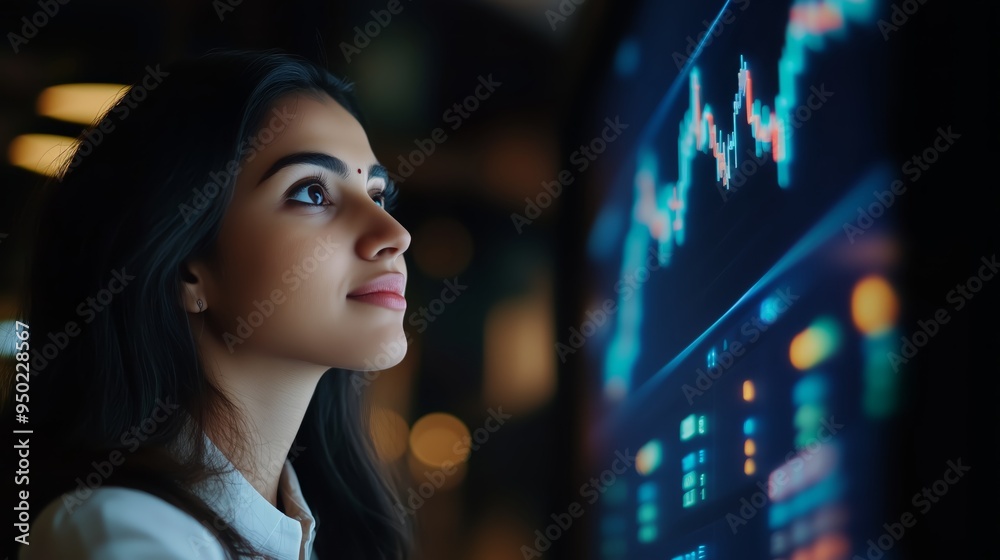 indian woman trader analyzes stock growth chart