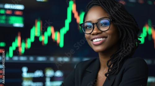 black woman trader analyzes stock growth chart 