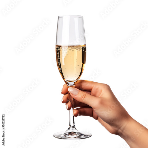 glass of champagne in the woman's hand isolated on a transparent background, champagne glass cut-out PNG