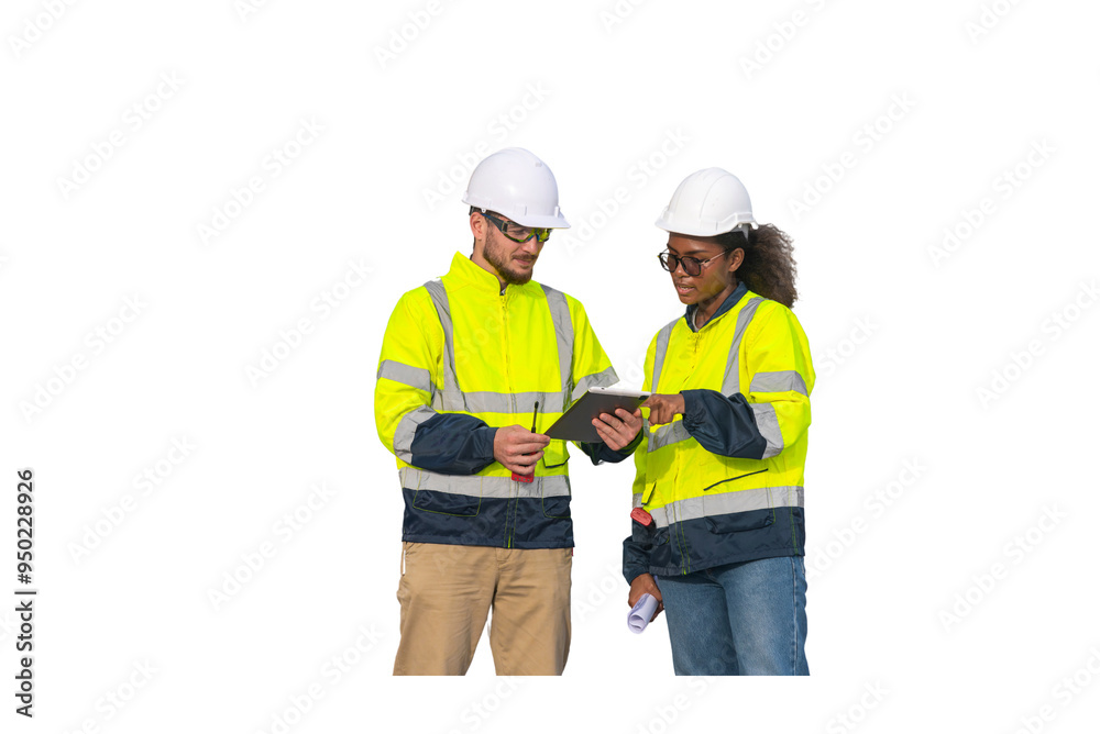 Engineers wearing safety gear, including hard hats examining survey a large blueprint laptop. Engineers wearing safety gear, including hard hats examining survey a large blueprint laptop.