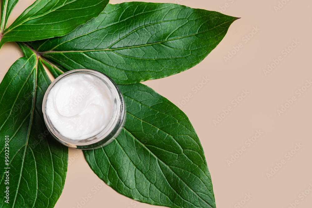 Natural beauty cream and green leaves Natural beauty cream and green leaves
