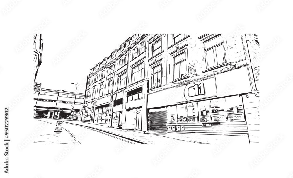 Print Building view with landmark of Hanley is the town in England. Hand drawn sketch illustration in vector. Print Building view with landmark of Hanley is the town in England. Hand drawn sketch illustration in vector.