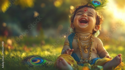 smiling baby Krishna sitting on green grass