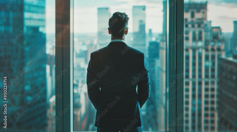 Successful businessman in suit standing in office looking through window. Successful businessman in suit standing in office looking through window.