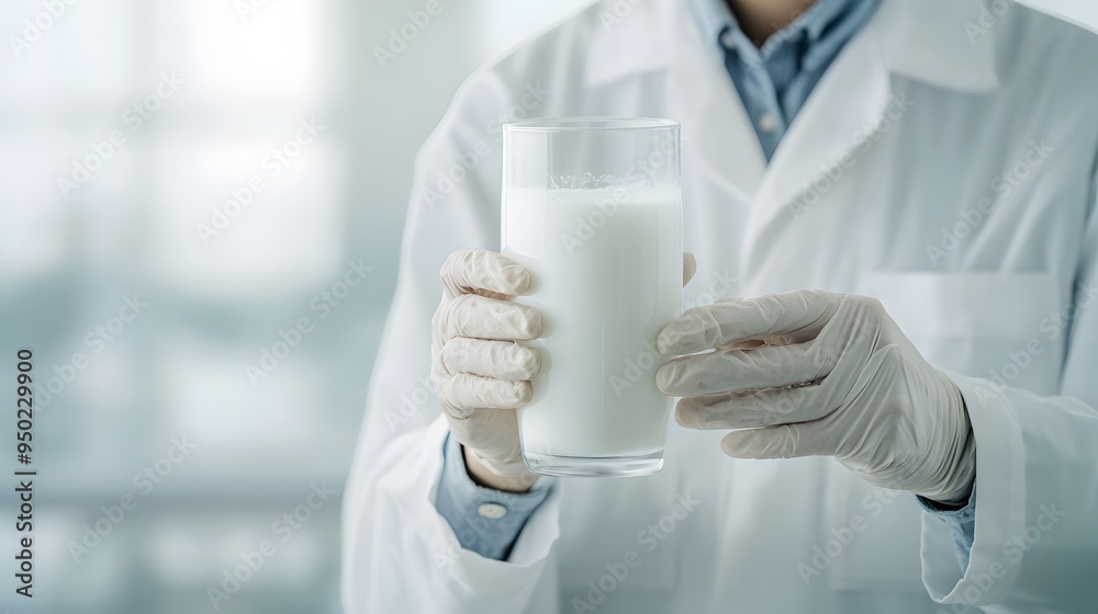 Scientist holding a glass of milk in a lab, demonstrating food safety and quality control in a clean environment. Scientist holding a glass of milk in a lab, demonstrating food safety and quality control in a clean environment.