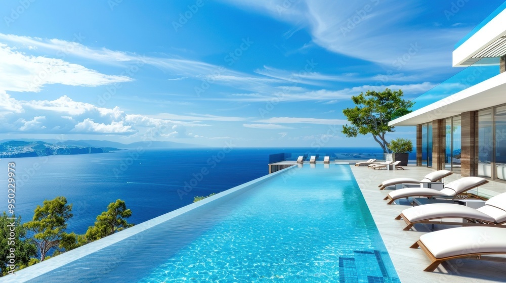 Fototapeta premium Terrace in villa with sunbeds and swimming pool with clear blue water with stunning sea view.