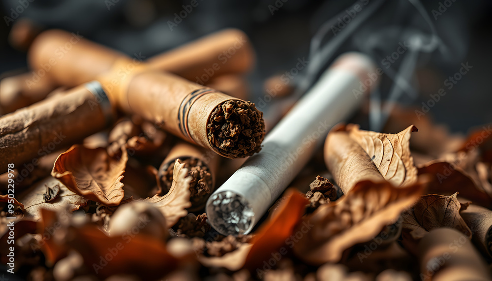 Cigario Cigarette. Cigarette, cigarillos and tobacco leaves close-up. Selective ...