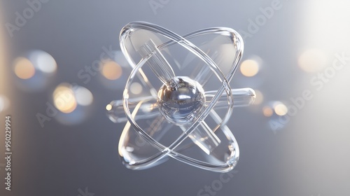 Elegant 3D atom model with clean, transparent components and gentle lighting, emphasizing its minimalist and contemporary design.