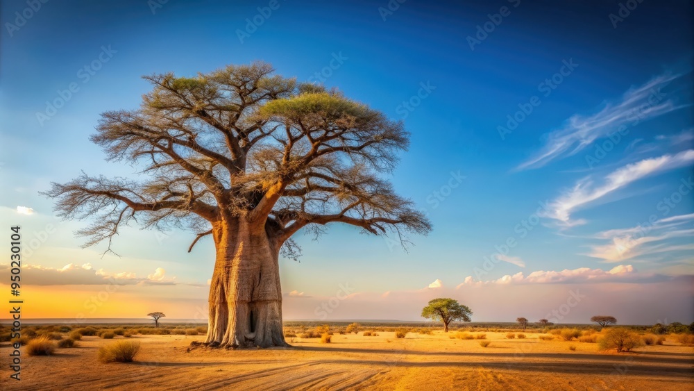 Naklejka premium Isolated baobab tree standing tall in the desert landscape, lonely, African, tree of life, trunk, branches, ancient, botanical