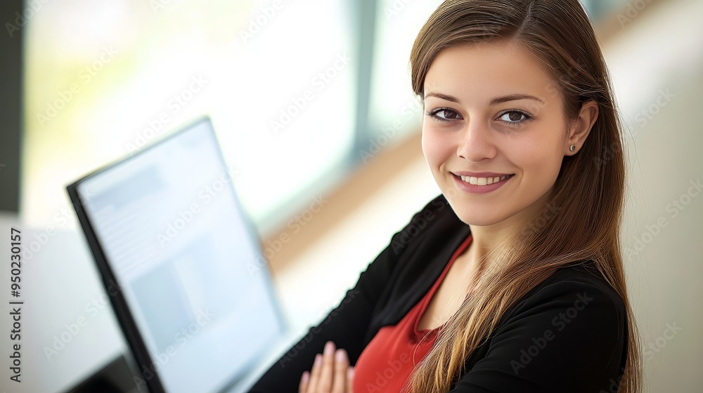 a young business woman smiling with laptop a young business woman smiling with laptop