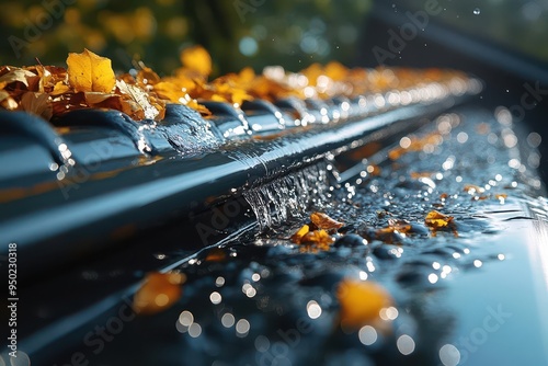 dynamic closeup of pressurized water blast clearing debris from gutter droplets catching sunlight showcasing home maintenance in action photo