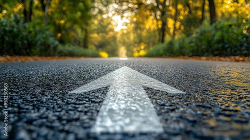 An asphalt road with an arrow painted on it symbolizes growth, development and the path to success
