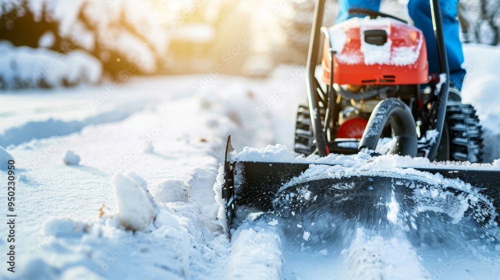 Man using snow blower to clear snow from sidewalk for safe passage during winter weather Man using snow blower to clear snow from sidewalk for safe passage during winter weather