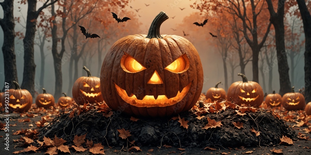 A beautiful orange smiling pumpkin lies on the ground among the roots against the background of a misty forest. A beautiful orange smiling pumpkin lies on the ground among the roots against the background of a misty forest.