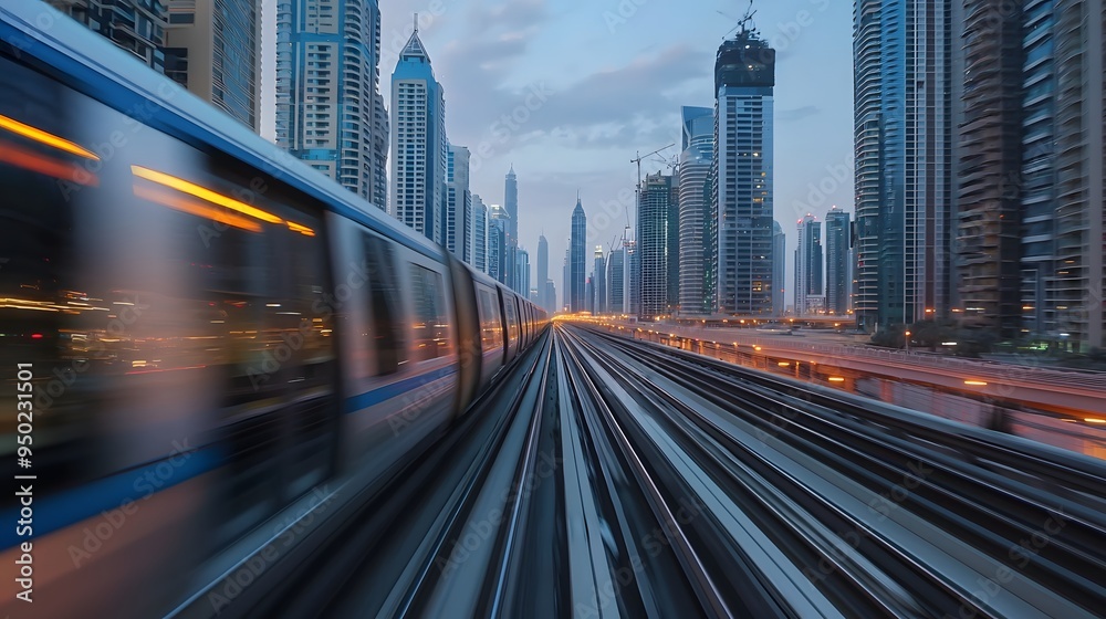 Fototapeta premium Dynamic cityscape with a speeding metro train amidst towering skyscrapers at dusk.