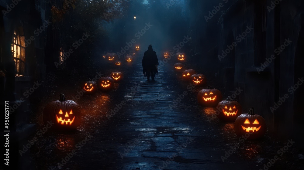 Enchanted Halloween Alley with Glowing Jack-o'-Lanterns and Mysterious Figure in Shadows Enchanted Halloween Alley with Glowing Jack-o'-Lanterns and Mysterious Figure in Shadows