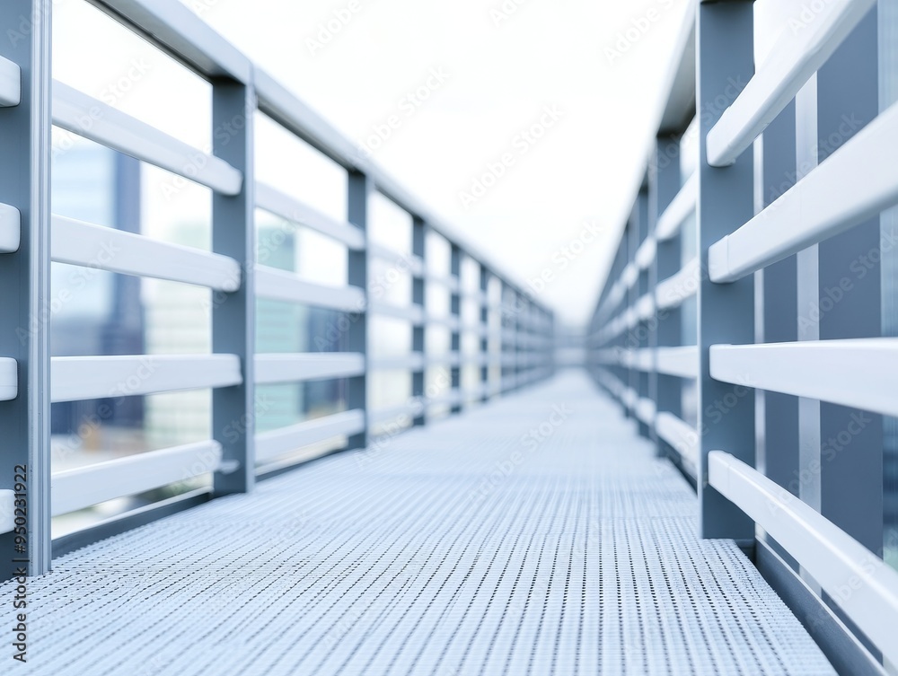 Obraz premium A long, straight walkway with metal railings on either side, leading to a bright, open space.