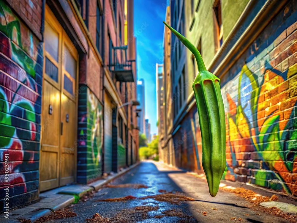 Fototapeta premium Crinkly okra rises from vibrant, sun-drenched alley, adorned with colorful graffiti, its ridges etched in 3D minimalism, amidst urban decay's subtle beauty.