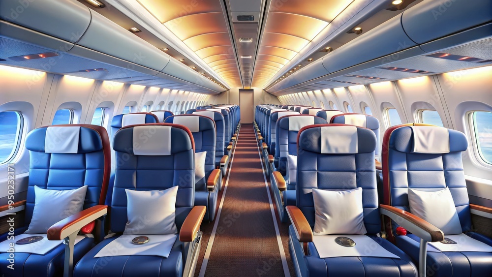 Obraz premium Airplane cabin with empty comfortable economy class seats , travel, transportation, aviation, airline, flight