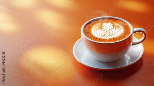 A 3D illustration of a steaming cup of coffee with latte art, capturing the delicate foam patterns and inviting aroma. photo